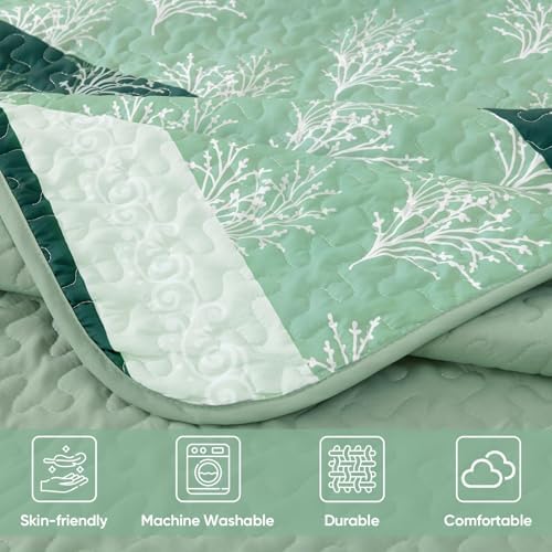 DJY Boho Queen Quilt Set Green Striped Floral Bedspread Coverlet 3 Piece