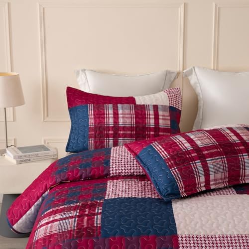 DURLENGEN Red Navy Patchwork Quilt Set 3Pcs