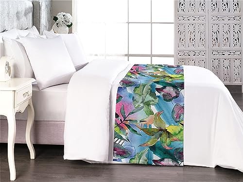 Ambesonne Leaf Print King Bed Runner Green Blue and Pink