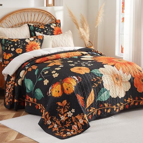 EVEHUG Black Sunflower Reversible Quilt Set Queen Size