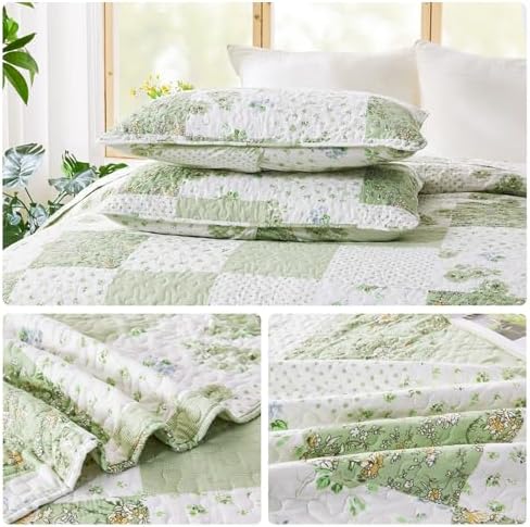 VIVILINEN Full Queen Green Floral Plaid Quilt Set