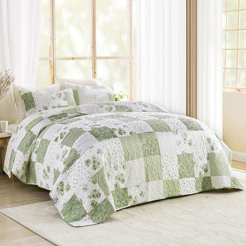 VIVILINEN Full Queen Green Floral Plaid Quilt Set