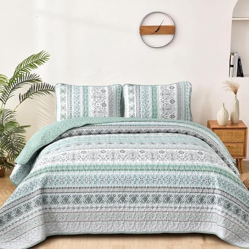 Goodidea Boho Quilt Set Cal King 3 Piece Mint Green Striped Microfiber Bedding