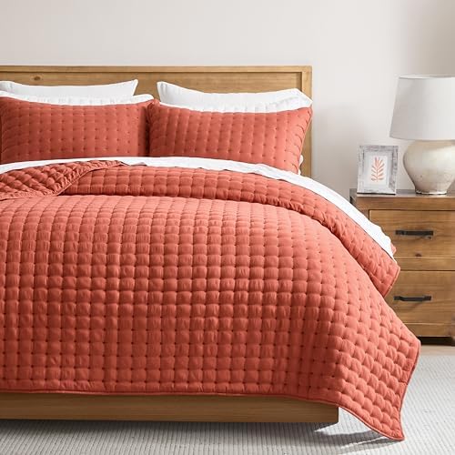 Burnt Orange Cal King Quilt Set with Pillow Shams 3 Piece Bedding
