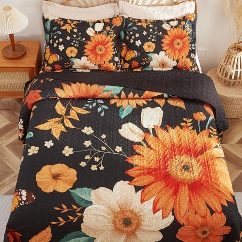 EVEHUG Black Sunflower Reversible Quilt Set Queen Size