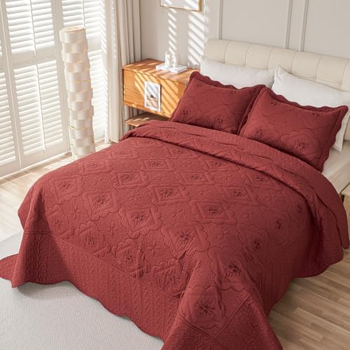 Cmfshape Queen Quilt Set 3 Pieces - Burgundy Floral Embroidery