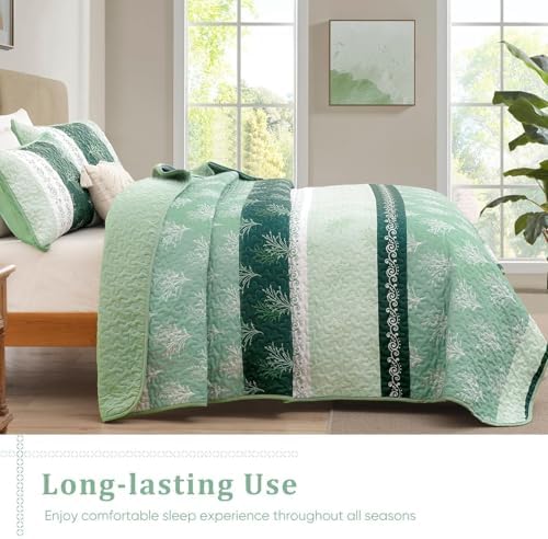 DJY Boho Queen Quilt Set Green Striped Floral Bedspread Coverlet 3 Piece