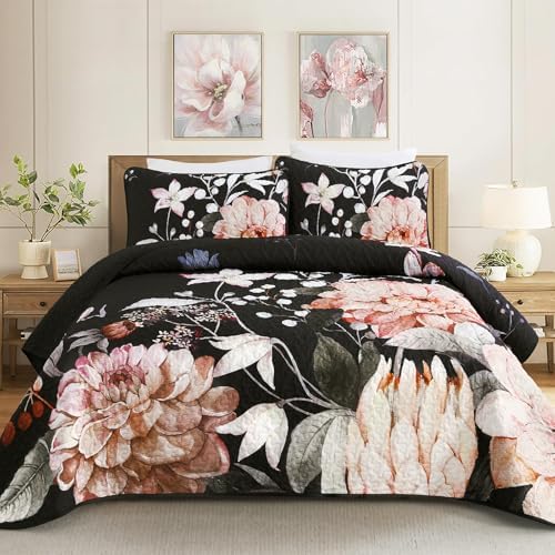 Drucon Black Quilt Queen Set - 3 Piece Pink Floral Bedding