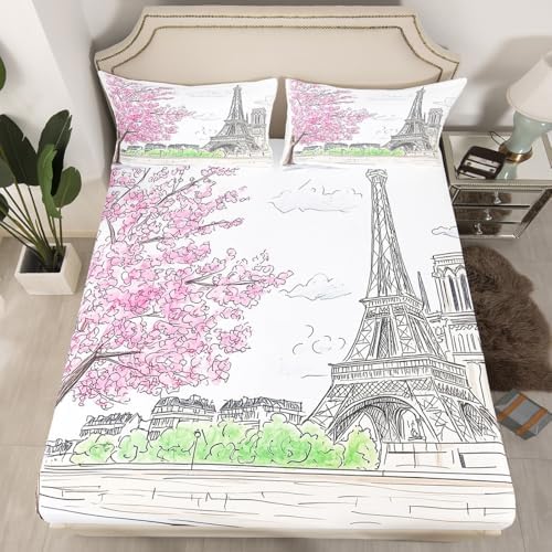 jejeloiu Paris Themed Bed Sheet Set King Size