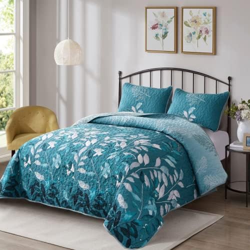 WONGS BEDDING Teal Floral Quilt Set 3PCS Full Size