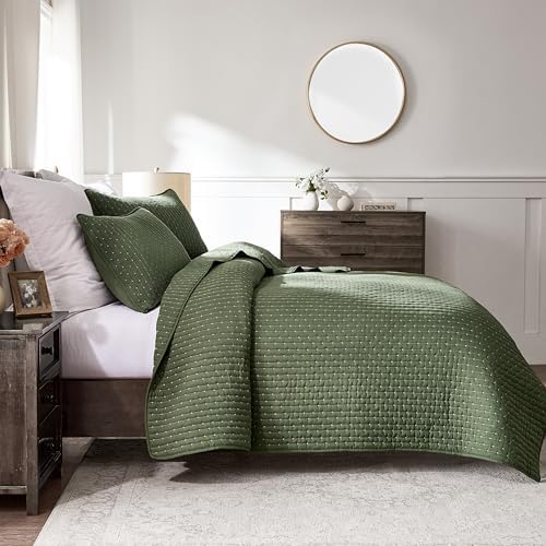 WDCOZY Olive Green Cross Stitch King Size Quilt Set