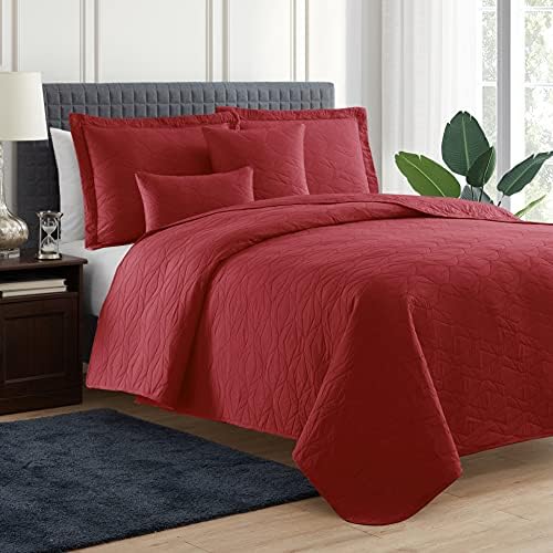 Clara Clark Queen Quilt Set - 7 Piece Burgundy Bedspread with Pillow Shams
