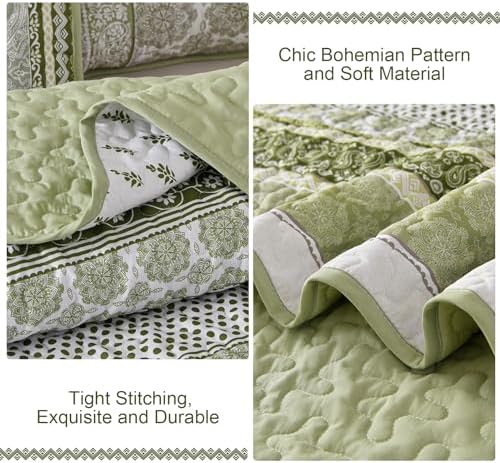 WONGS BEDDING Sage Green Boho Quilt Set Queen Size 3 Pieces