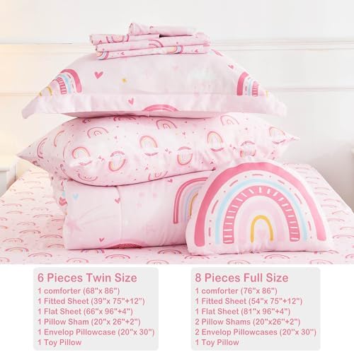Mooreeke Kids Bed in a Bag Set 6 Pieces Twin Rainbow Pink
