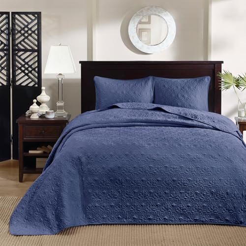 Madison Park Quebec Queen Size Reversible Bedspread Set - Navy Damask