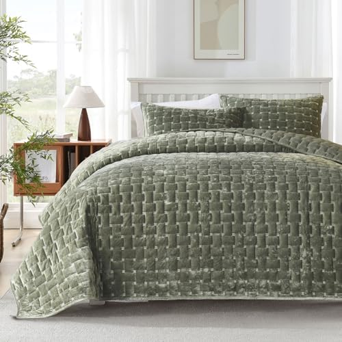 Grassix Velvet Quilt Set King Size Luxe Olive Green