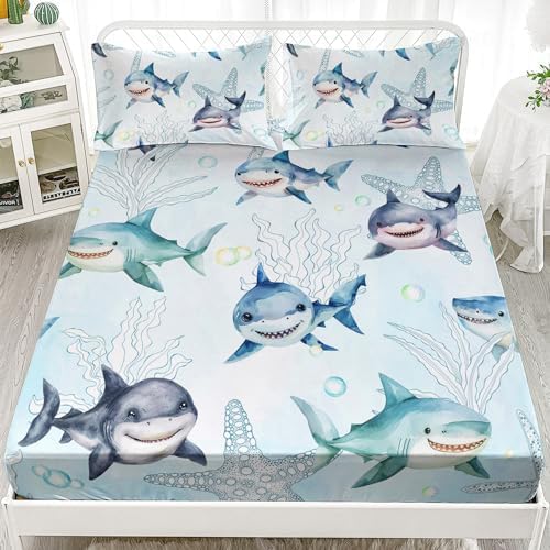 AILONEN Shark Fitted Sheet Set Twin XL - Ocean Blue Starfish