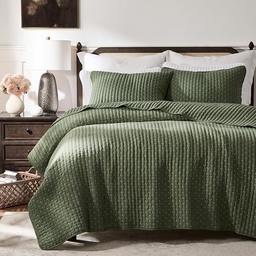 WDCOZY Olive Green Cross Stitch King Size Quilt Set