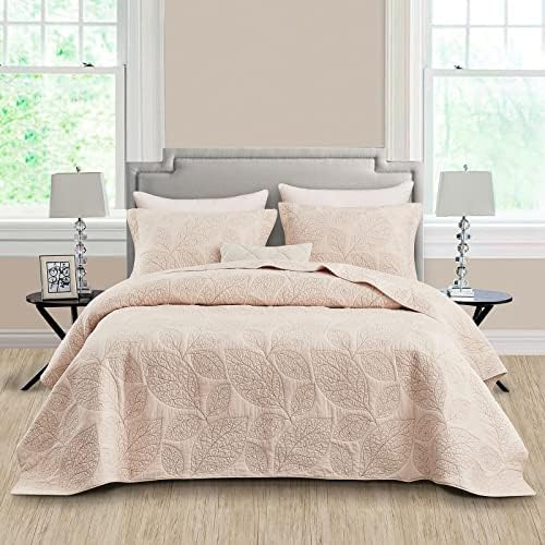 CHIXIN Botanical Cotton Quilt Set - Leaf Pattern Reversible 3 Piece Oatmeal