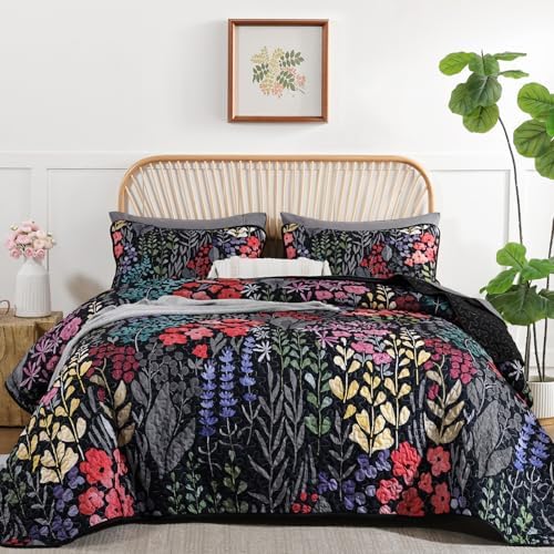 Xruibed Black Floral Quilt Set Queen 3 Piece 1