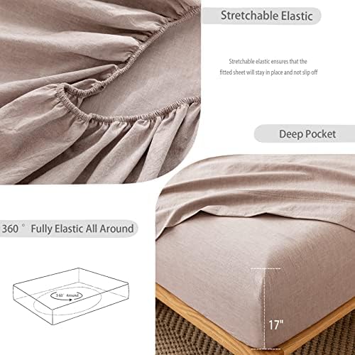 MooMee Fitted Sheet 100 Washed Cotton Queen Mauve Brown