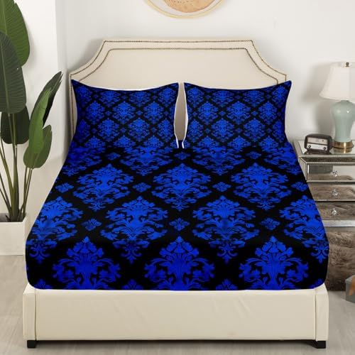 Erosebridal Gothic Blue Damask Fitted Twin Sheet Set