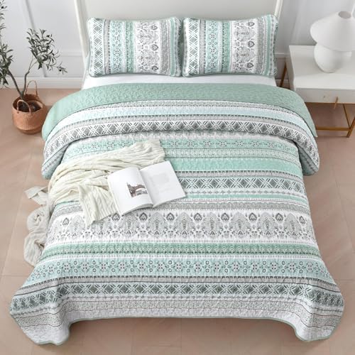 Goodidea Boho Quilt Set Cal King 3 Piece Mint Green Striped Microfiber Bedding