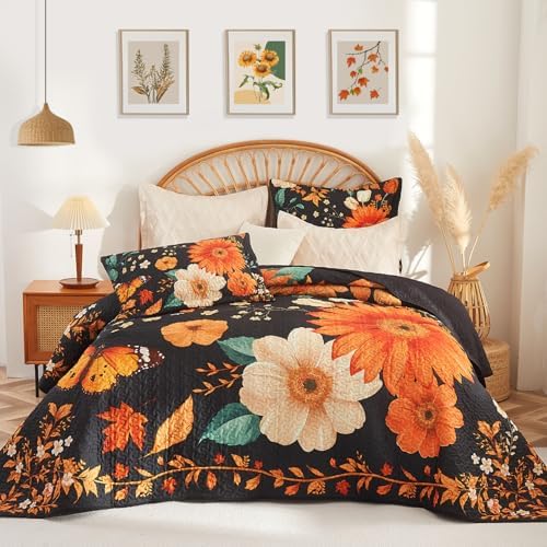 EVEHUG Black Sunflower Reversible Quilt Set Queen Size