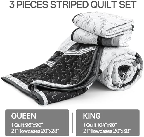 DJY Black Striped King Quilt Set with Pillowcases