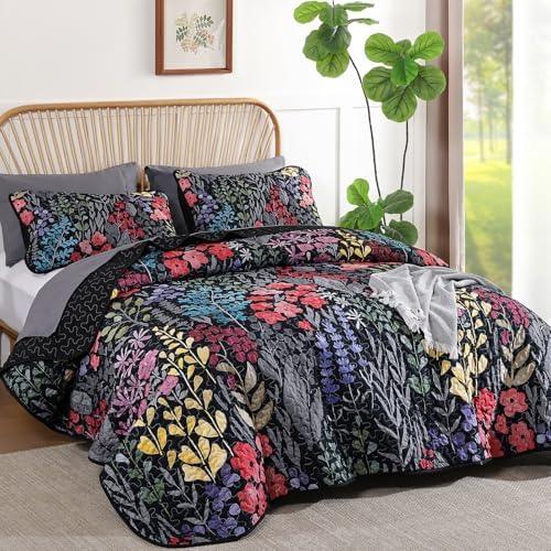 Xruibed Black Floral Quilt Set Queen 3 Piece 1