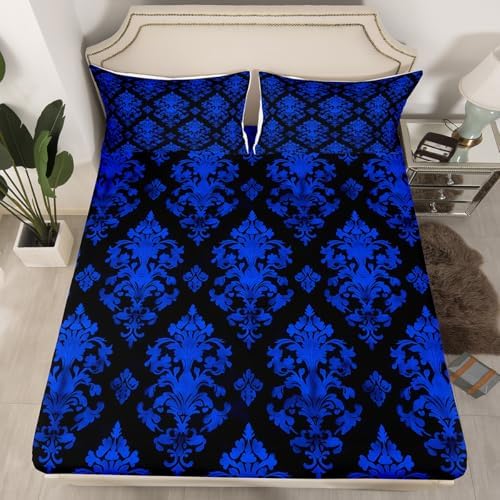 Erosebridal Gothic Blue Damask Fitted Twin Sheet Set