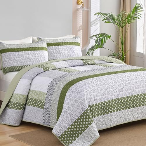 WONGS BEDDING Olive Green Boho Quilt Set Queen Size 3 Pieces