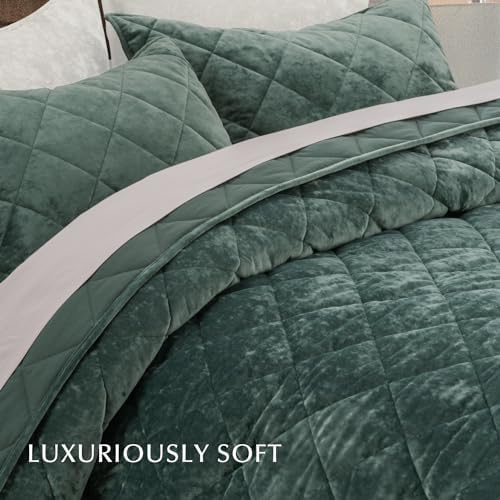 EVERGRACE Velvet Quilt Set King Size Dark Green