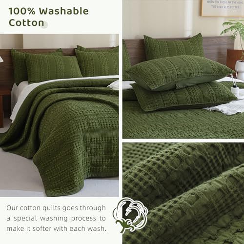Sanracie Cotton Waffle Quilt Set King Size Olive Green