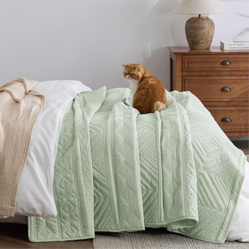 Bedsure Boho Queen Quilt Set - Geometric Pattern Sage Green 90x96 Inches
