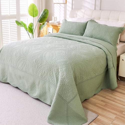 Cmfshape King Size Quilt Set Sage Green Coin Pattern 3 Piece