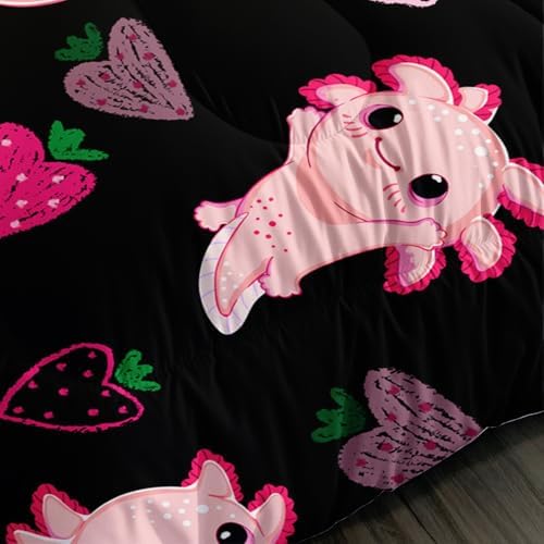 Cute Axolotl Comforter Set Twin Size Pink Strawberry Print