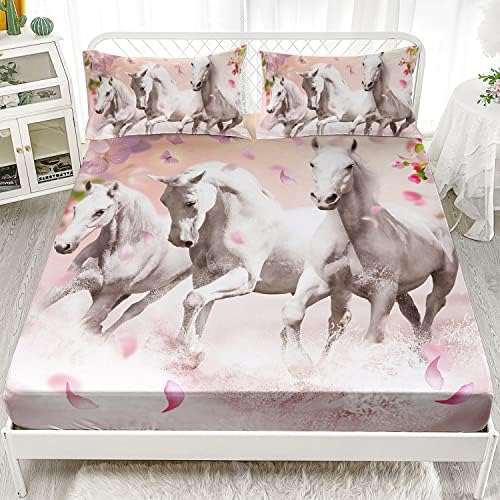 HOSIMA Pink Floral Horse Fitted Sheet Set Twin Size