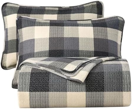vctops Farmhouse Blue Plaid Quilt Set Queen 3 Pieces