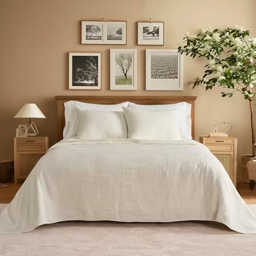 EvergraceHome Cotton Coverlet Set Full Queen 3 Pieces Eggshell Cream