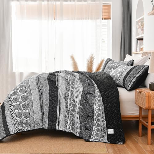 WONGS BEDDING Grey Boho Quilt Set King Size 3 pcs
