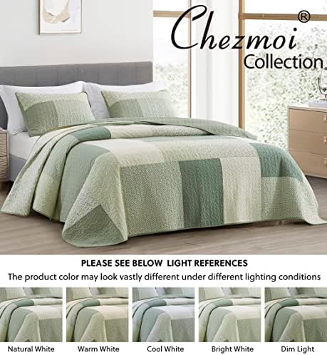 Chezmoi Collection 3-Piece Patchwork Quilt Set Green Floral Striped