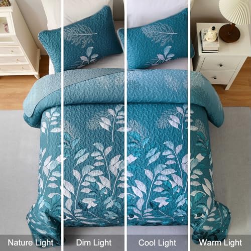 WONGS BEDDING Teal Floral Quilt Set 3PCS Full Size