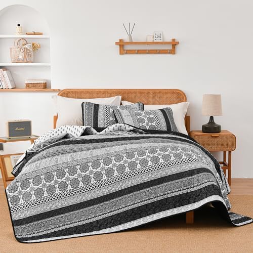 WONGS BEDDING Grey Boho Quilt Set King Size 3 pcs