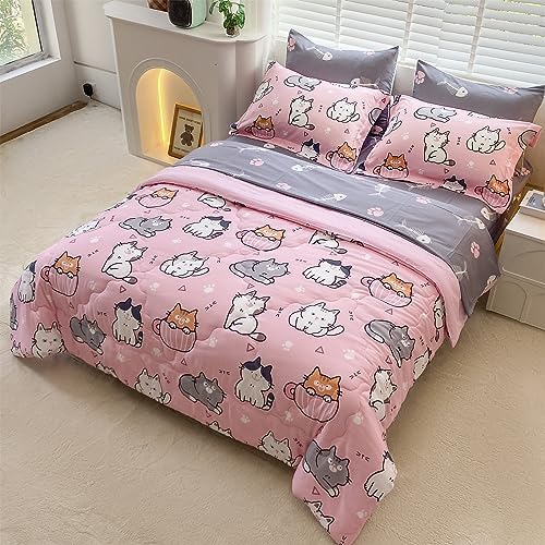 Gusuhome 7 Piece Kids Cats Comforter Set Twin Bed in A Bag