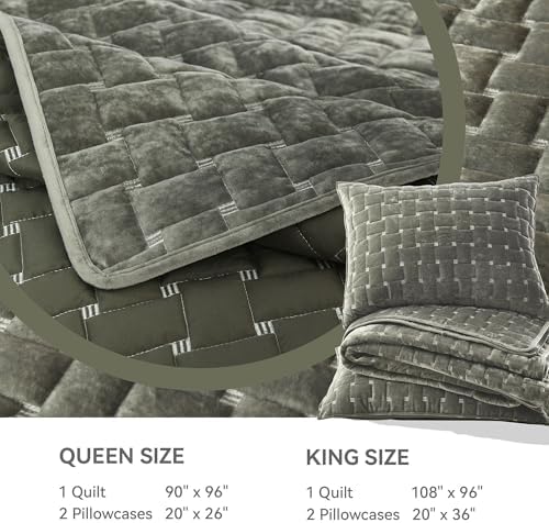 Grassix Velvet Quilt Set King Size Luxe Olive Green