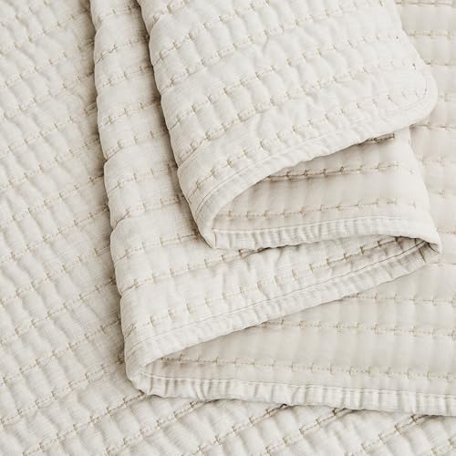 WDCOZY Beige Stripe Twin Quilt Set with Pick Stitch 1