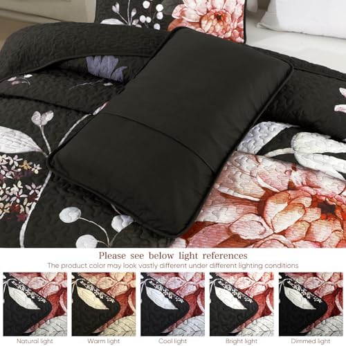Drucon Black Quilt Queen Set - 3 Piece Pink Floral Bedding