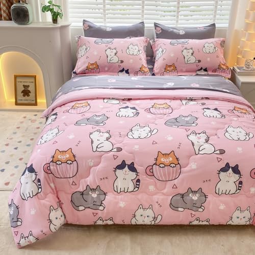Gusuhome 7 Piece Kids Cats Comforter Set Twin Bed in A Bag