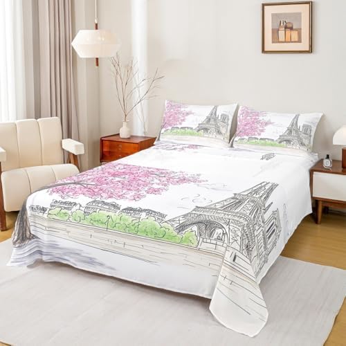 jejeloiu Paris Themed Bed Sheet Set King Size